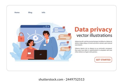 Data privacy concept. A diligent woman at her laptop and an assisting man emphasize digital security with a padlocked eye on the screen. Checklists ensure compliance and protection. Flat vector
