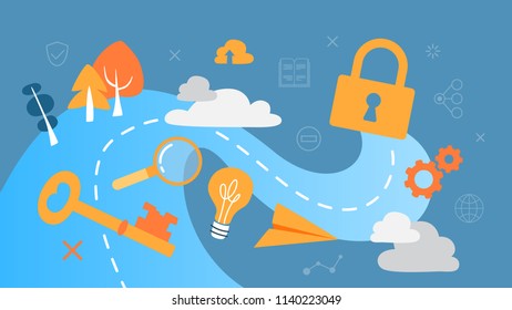 Data privacy concept. Idea of safety and protection while using internet for communication or anything else. Beautiful set of icons with key, lock and gear. Abstract flat vector illustration
