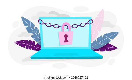 Data privacy concept. Idea of safety and protection while using internet for communication. Firewall, lock and information security. Computer guard. Vector illustration in cartoon style