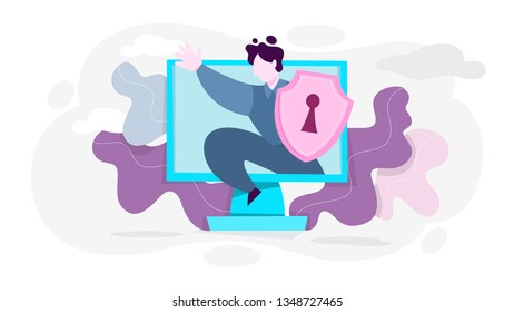 Data privacy concept. Idea of safety and protection while using internet for communication. Firewall, lock and information security. Computer guard. Vector illustration in cartoon style