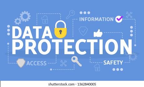 Data privacy concept. Idea of safety and protection while using internet for communication. Firewall, lock and information security. Computer guard. Vector illustration in cartoon style