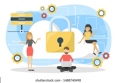 Data privacy concept. Idea of safety and protection while using internet for communication. Firewall, lock and information security. Computer guard. Digital cloud. Vector illustration in cartoon style