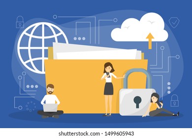 Data privacy concept. Idea of safety and protection while using internet for communication. Firewall, lock and information security. Digital folder. Vector illustration in cartoon style
