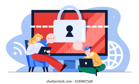 Data privacy concept. Idea of safety and protection while using internet for communication. Computer guard. Vector illustration in cartoon style