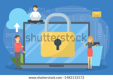 Data privacy concept. Idea of safety and protection while using internet for communication. Firewall, lock and information security. Computer guard. Vector illustration in cartoon style