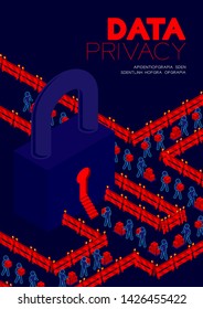 Data privacy concept, man pictogram transfer data to isometric lock keyhole door and barrier illustration poster and banner design isolated on blue background, with copy space