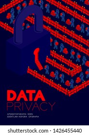 Data privacy concept, man pictogram transfer data to isometric lock keyhole door and barrier illustration poster and banner design isolated on blue background, with copy space