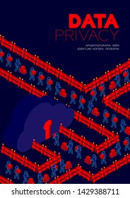 Data privacy concept, man pictogram transfer data to isometric cloud storage keyhole door and barrier illustration poster and banner design isolated on blue background, with copy space