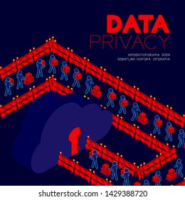 Data privacy concept, man pictogram transfer data to isometric cloud storage keyhole door and barrier illustration poster and banner design isolated on blue background, with copy space