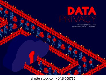 Data privacy concept, man pictogram transfer data to isometric cloud storage keyhole door and barrier illustration poster and banner design isolated on blue background, with copy space