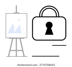 Privacidade de dados, proteção cibernética, segurança artística, propriedade intelectual, criatividade, salvaguardas digitais. Uma tela em um cavalete com um ícone de cadeado de segurança. Privacidade de dados e proteção cibernética