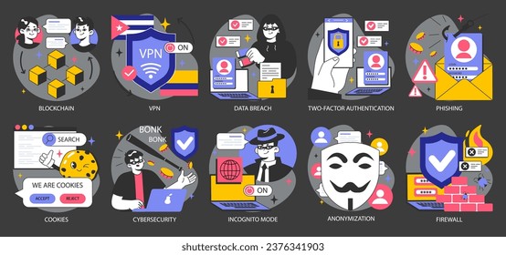 Privacidad de datos oscura o ajuste de modo nocturno. Seguridad cibernética o web. Seguridad de la base de datos. Protección del acceso a internet y el anonimato. Ciberataques o prevención de malware. Ilustración vectorial plana