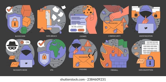 Data privacy dark or night mode set. Cyber or web security. Database safety. Protection of the internet access and anonymity. Cyber attack or malware prevention. Flat vector illustration