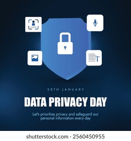 Data Privacy Day. Privacy day 28th January post to raise awareness about Privacy of Data with Data Protection Shield, photo, audio, identity, document icons. Protect your data awareness post.