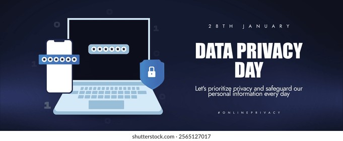 Data Privacy Day. 28th January Data Privacy Day social media post with laptop, mobile, shield icon, password security with dark cyber background. Data Privacy awareness banner or cover. Cyber Security