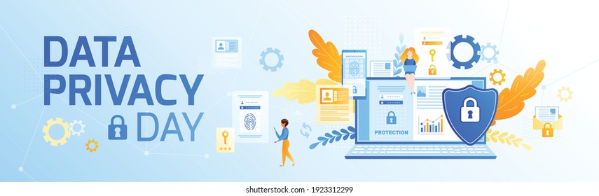 Data privacy day banner composition with flat icons of gear leaves and gadgets with editable text vector illustration