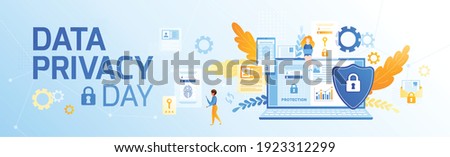 Data privacy day banner composition with flat icons of gear leaves and gadgets with editable text vector illustration