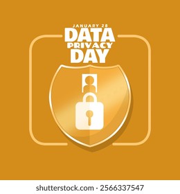 Data Privacy Day to celebrate on January 28th. A gold shield, padlock symbol, avatar and bold text in frame on gold background. Identity is gold.