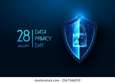 Data Privacy Day concept web banner with glowing padlock on shield, security and protection symbols on dark blue background. Cybersecurity, encryption, digital safety. Futuristic vector illustration