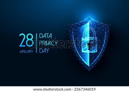 Data Privacy Day concept web banner with glowing padlock on shield, security and protection symbols on dark blue background. Cybersecurity, encryption, digital safety. Futuristic vector illustration