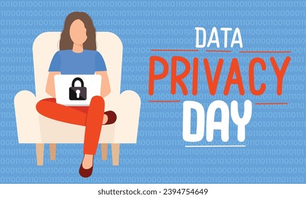 Cartel de texto del Día de la privacidad de datos. Escritura a mano de datos de las letras del Día de la privacidad. La mujer está sentada con un portátil. Arte vector dibujado a mano.