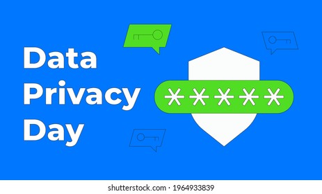 Data Privacy day vector illustration. January 28 celebration. Shield with password field and key in speech bubble. Data protection concept. Flat thin line style.