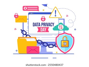Data Privacy Day Vector Illustration featuring a Lock on a Screen, Representing Secure Information, Documents and Data Protection in a Flat Background