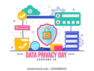 Data Privacy Day Vector Illustration featuring a Lock on a Screen, Representing Secure Information, Documents and Data Protection in a Flat Background