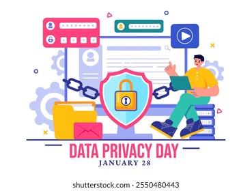 Ilustración vectorial del Día de la Privacidad de Datos con un candado en una pantalla, que representa información segura, documentos y protección de datos en un fondo plano