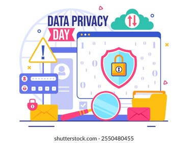 Vektorgrafik zum Tag der Privatsphäre mit einer Bildschirmsperre, die sichere Informationen, Dokumente und Datenschutz auf ebenem Hintergrund darstellt