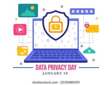 Data Privacy Day Vetor Illustration apresentando um bloqueio em uma tela, representando informações seguras, documentos e proteção de dados em um plano de fundo plano