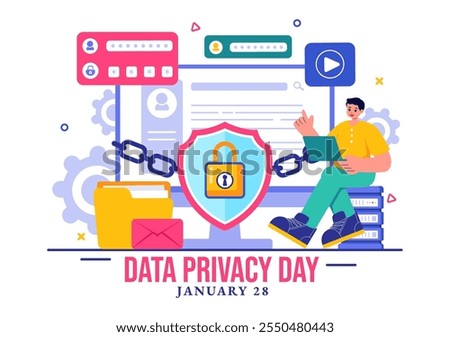Data Privacy Day Vector Illustration featuring a Lock on a Screen, Representing Secure Information, Documents and Data Protection in a Flat Background