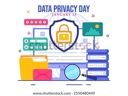 Data Privacy Day Vector Illustration featuring a Lock on a Screen, Representing Secure Information, Documents and Data Protection in a Flat Background
