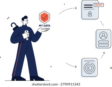 Data privacy and digital identity protection illustration featuring secure personal data management, cybersecurity, identity verification, access control, information ownership, and privacy protection concepts. Modern vector design ideal for data security, online privacy, digital trust, cybersecurity awareness, and technology soluti