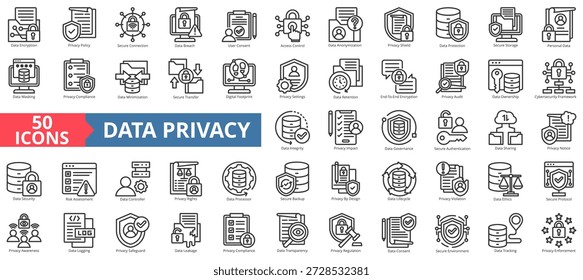 data privacy icon set outline style illustration. containing encryption, privacy policy, secure connection, breach, user consent, access control, anonymization, protection, secure storage, security