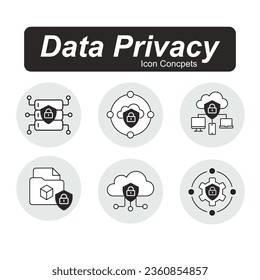 Iconos de privacidad de datos.Cumplimiento de datos. Soluciones de datos. Regulaciones de datos. Iconos vectores.