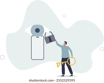 Privacidade de dados para o usuário da Internet, proteger aplicativo para rastrear ou seguir o comportamento do usuário concept.flat characters.