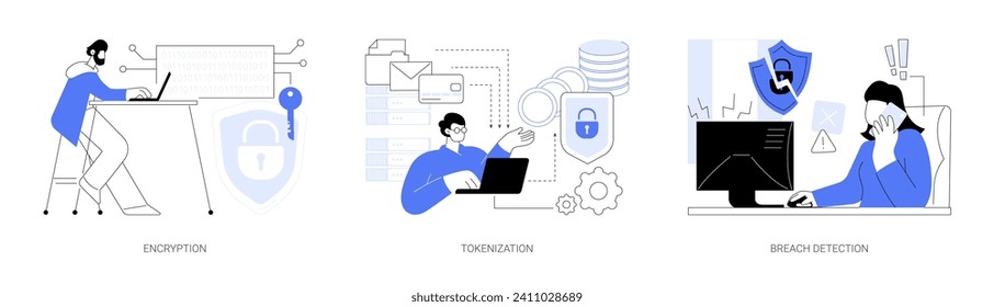 Data privacy isolated cartoon vector illustrations set. IT specialist works on encryption, safe network connection, tokenization process, cybersecurity, data breach detection vector cartoon.