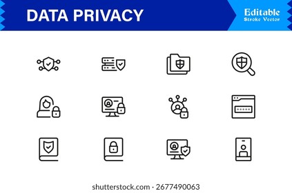 Privacidade de Dados Moderna Linha Ícone Conjunto com Profissional Mínimo Design Elementos Vetor Icons Coleção