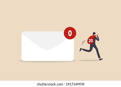 Data privacy, personal email confidential, thief, cyber hacker or email provider show advertising based on inside information concept, thief holding red bag full of data from letter with no new email.