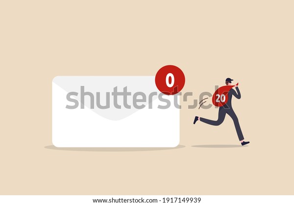 Data privacy, personal email confidential, thief,
cyber hacker or email provider show advertising based on inside
information concept, thief holding red bag full of data from letter
with no new email.