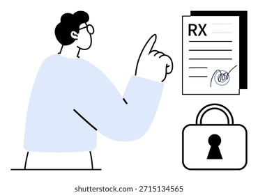 Privacidad de datos, acceso a recetas, seguridad digital, verificación de identidad, registros de salud seguros, sistemas de salud digitales. Persona apuntando hacia el papel RX y el icono de candado. Privacidad de datos
