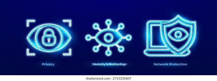 Conjunto de iconos de protección de privacidad de datos. Monitoreo de redes, detección de amenazas, inteligencia cibernética, logotipo de neón digital. Protección de red, supervisión de seguridad de extremo para empresas. Ilustración vectorial