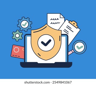 Data privacy protection on computer phone pc laptop. Safety email information personal data internet network connection concept. Modern simple line outline style. Vector cartoon graphic design element