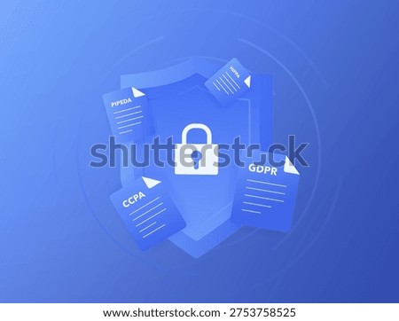 Data privacy regulations compliance, GDPR CCPA HIPAA PIPEDA protection, global personal information security framework, corporate data governance shield, modern flat design, vector illustration