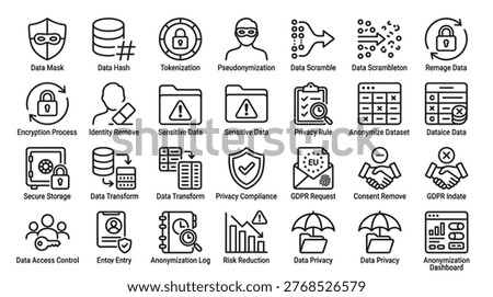 Data privacy security icons protection compliance control personal information encryption GDPR anonymization access.