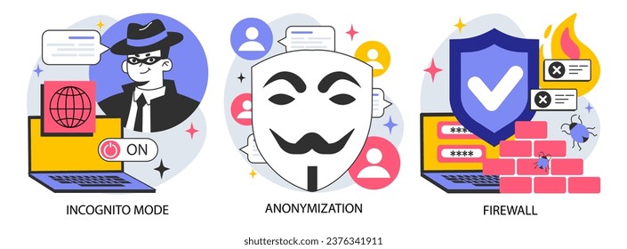 Data privacy set. Cyber or web security . Database safety of a digital device. Protection of the internet access and anonymity. Cyber attack or malware prevention. Flat vector illustration