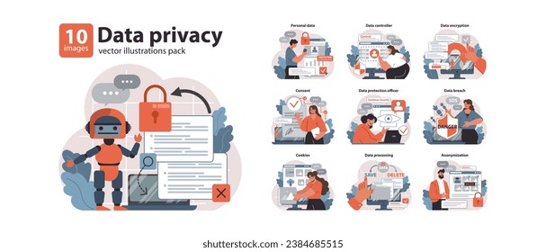 Data Privacy set. Exploring the facets of online safety. Personal data handling, secure browsing and encryption techniques. Protecting information user consent and potential threats. vector svg