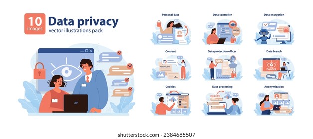 Conjunto de privacidad de datos. Salvaguardias modernas en el paisaje digital. Administración de datos personales, técnicas de encriptación y medidas de seguridad. Navegando por las amenazas en línea. Elementos esenciales de la protección de datos. Vector plano