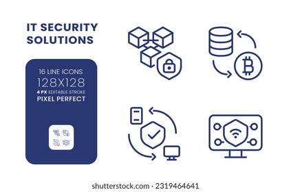 Data privacy solutions linear desktop icons set. Information protection. Risk management. Pixel perfect 128x128, outline 4px. Isolated user interface elements pack for website. Editable stroke
